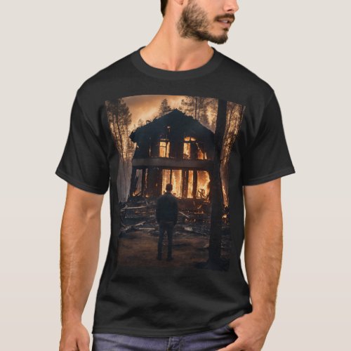 a sad man standing in front of a burnt down home T_Shirt