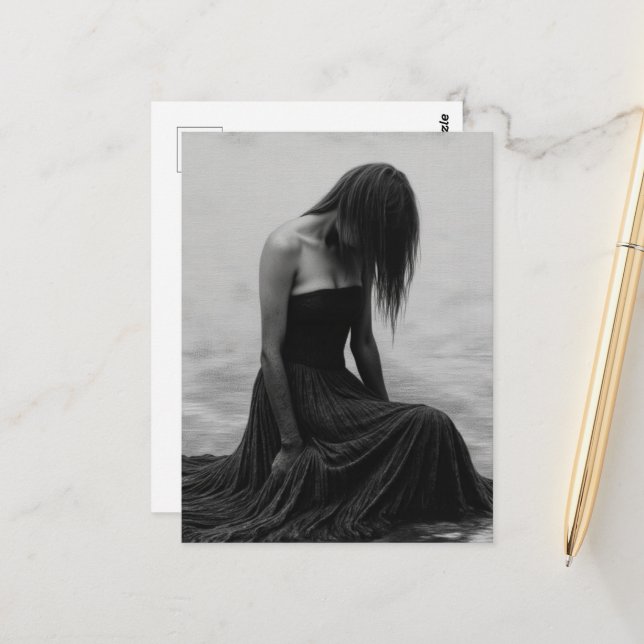 A Sad Woman in the Water Black and White Postcard (Front/Back In Situ)