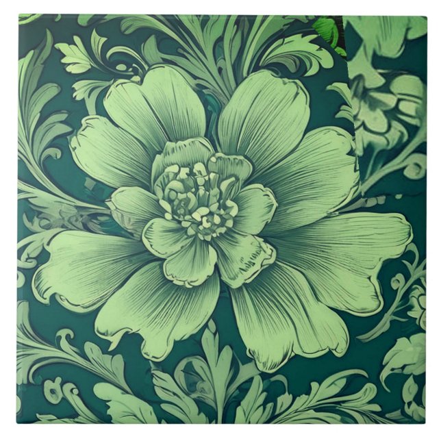 A Sage Green Vintage Flower  Ceramic Tile (Front)
