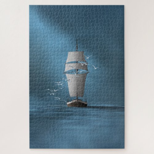 A sailboat on dark sea with a flock of seagulls jigsaw puzzle