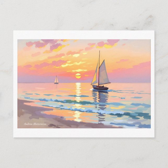 A sailing ship at sunset on the sea postcard (Front)