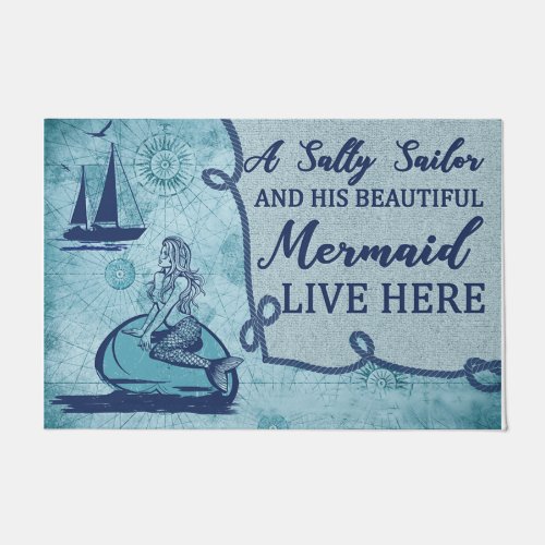 A Salty Sailor And His Beautiful Mermaid Blue Doormat