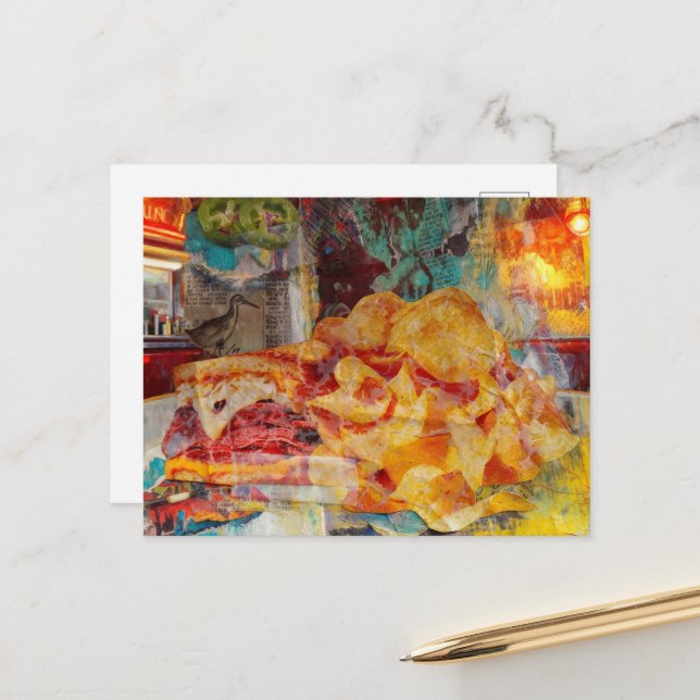A sandwich and chips mixed media collage postcard (Front/Back In Situ)