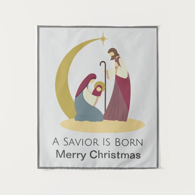A Savior Is Born Gold Merry Christmas Nativity Tapestry (Front)