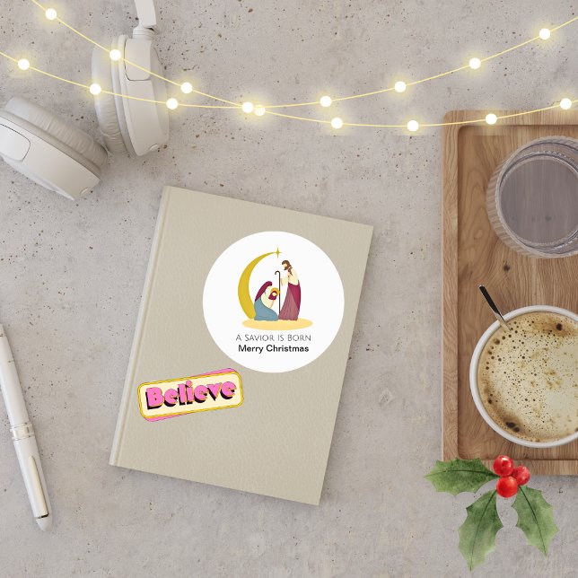 A Savior Is Born Merry Christmas Nativity Classic Round Sticker (Simple Christmas Nativity Stickers)