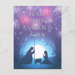A Savior Is Born Purple Nativity Christmas Card