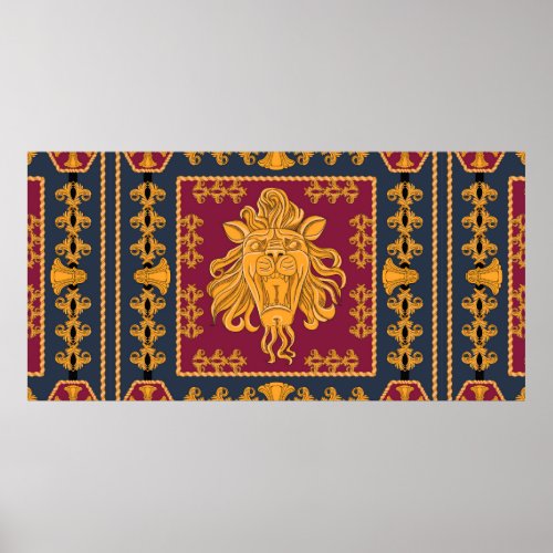 A scarf with a big lion head in a golden color Se Poster