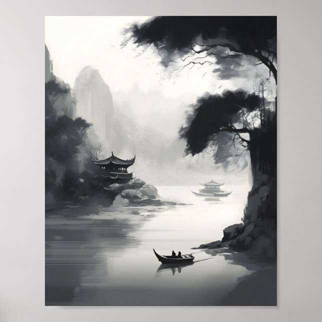 A Scene Depicting A Chinese Landscape And A Boat  Poster (Front)