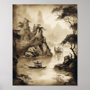 A Scene Depicting A Chinese Landscape And A Boat Poster