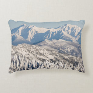 A Scenic View of Snowy Mountains and Trees. Accent Pillow