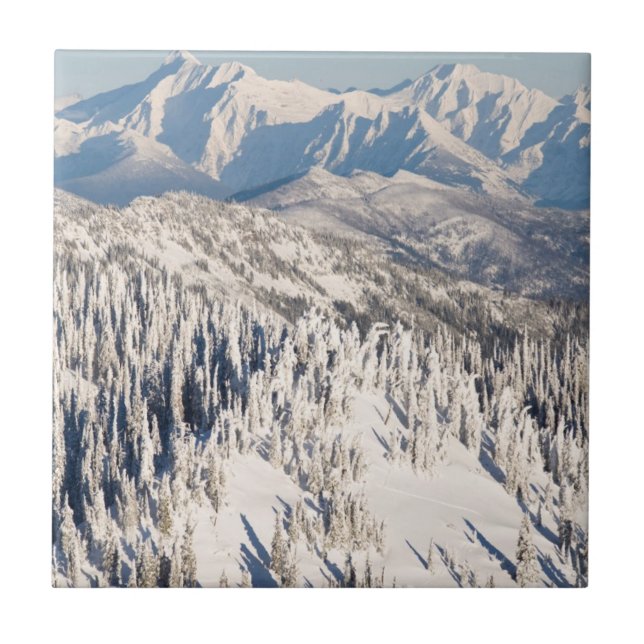 A Scenic View of Snowy Mountains and Trees. Ceramic Tile (Front)