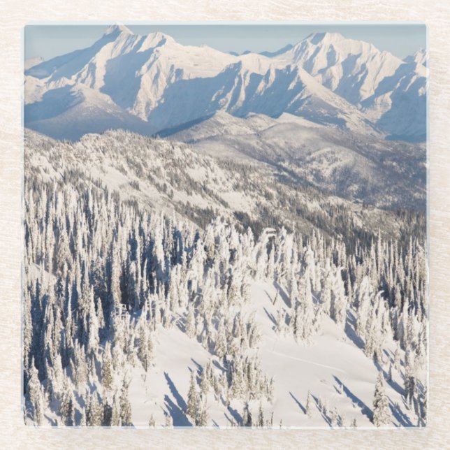 A Scenic View of Snowy Mountains and Trees. Glass Coaster (Front)