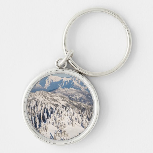 A Scenic View of Snowy Mountains and Trees. Keychain (Front)