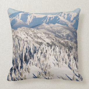 A Scenic View of Snowy Mountains and Trees. Throw Pillow