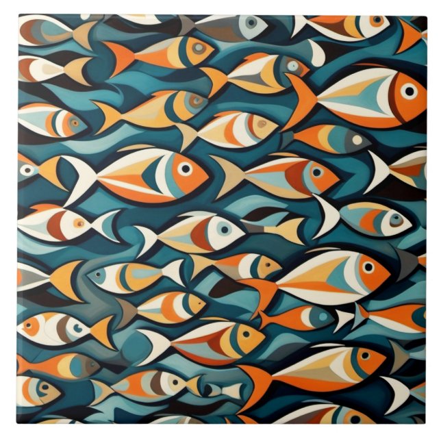 a school of fish art deco style ceramic tile (Front)