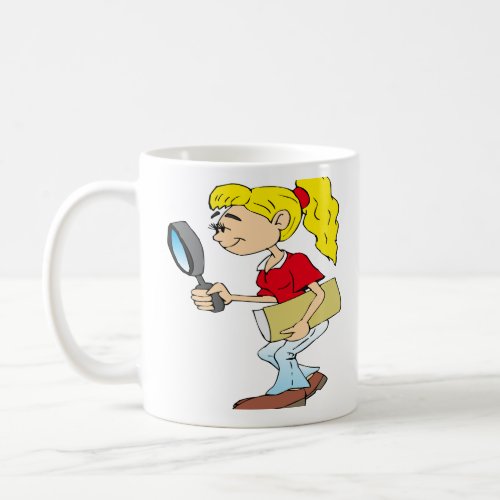 a schoolgirl searches with a magnifying glass  coffee mug