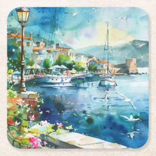 A Sea Port Square Paper Coaster