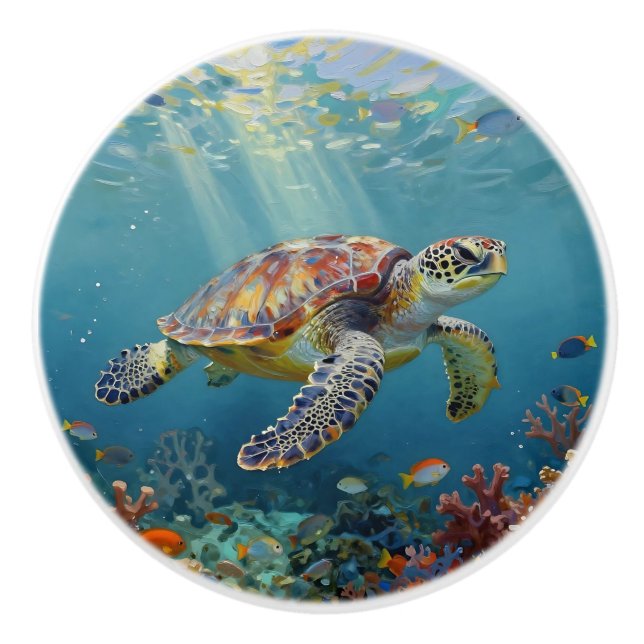 A Sea Turtle and Sun Rays in the Ocean Blue Ceramic Knob (Front)