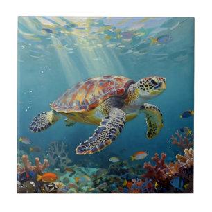 A Sea Turtle and Sun Rays in the Ocean Blue Ceramic Tile