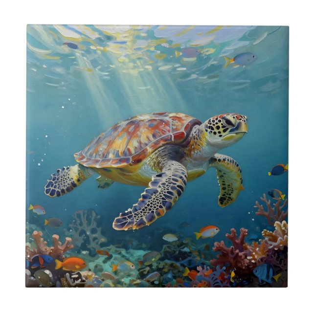 A Sea Turtle and Sun Rays in the Ocean Blue Ceramic Tile (Front)