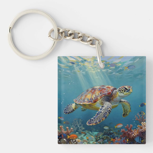 A Sea Turtle and Sun Rays in the Ocean Blue Keychain (Front)