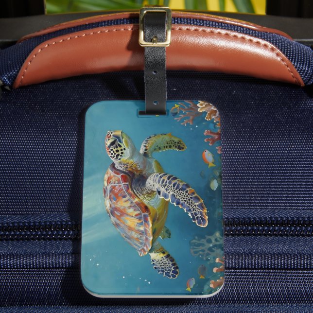 A Sea Turtle and Sun Rays in the Ocean Blue Luggage Tag (Front Insitu 2)