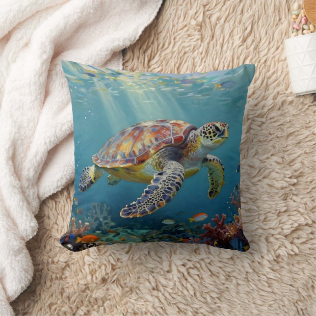 A Sea Turtle and Sun Rays in the Ocean Blue Throw Pillow (Blanket)