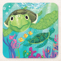 A Sea Turtle Rescue Square Paper Coaster