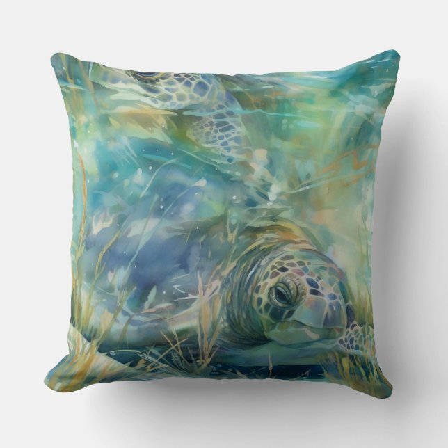 A Sea Turtle Swimming Underwater Throw Pillow (Front)