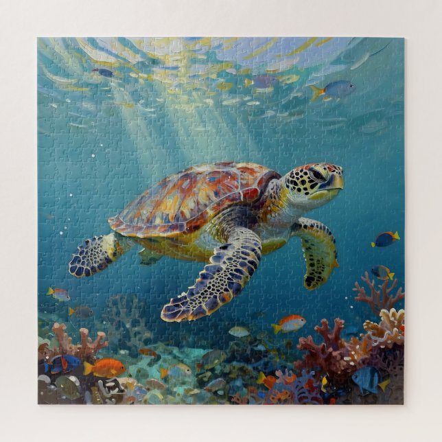A Sea Turtle Themed Teal Jigsaw Puzzle (Vertical)