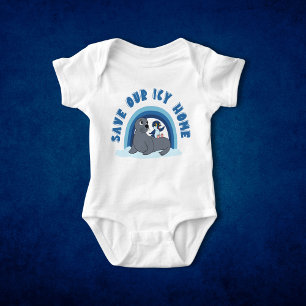 A seal and a penguin "Save Our Icy World"cartoon Baby Bodysuit