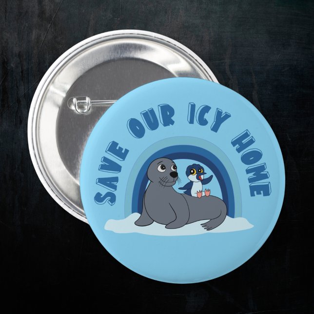 A seal and a penguin "Save Our Icy World"cartoon Button (Creator Uploaded)