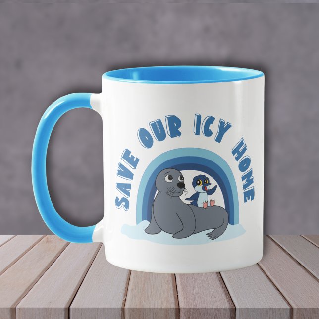 A seal and a penguin "Save Our Icy World" cartoon Mug (Creator Uploaded)
