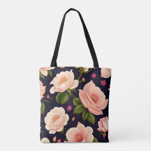 A seamless pattern with pink roses on a dark backg tote bag