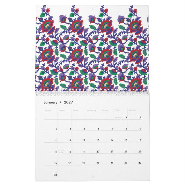 A seamless, symmetrical pattern featuring repeatin calendar (Jan 2027)
