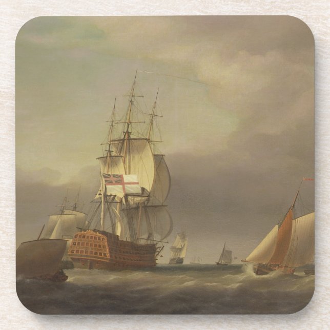 A Seascape with Men-of-War and Small Craft (oil on Drink Coaster (Front)