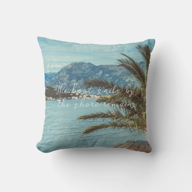 A Seascape with Mountains and a Palm Tree Throw Pillow (Front)