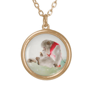 A Seated Monkey Observing An Insect Gold Plated Necklace