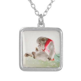 A Seated Monkey Observing An Insect Silver Plated Necklace