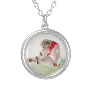 A Seated Monkey Observing An Insect Silver Plated Necklace
