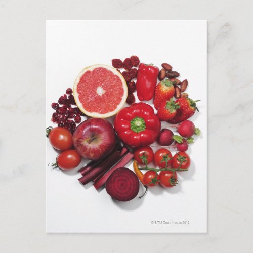 A selection of red fruits  vegetables postcard