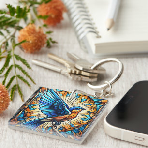 A Serene Bluebird: Stained Glass Artwork Keychain