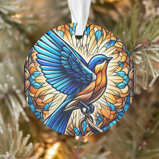 A Serene Bluebird: Stained Glass Artwork Ornament (Tree)
