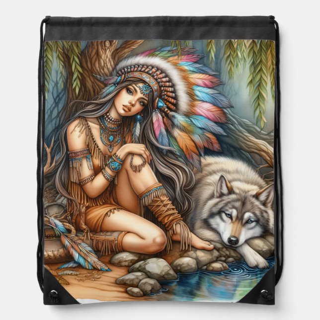 A serene moment between a Native Indian and a wolf Drawstring Bag (Front)