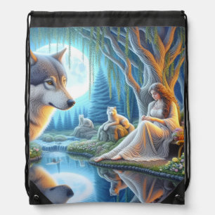 A serene moment between a Native Indian and a wolf Drawstring Bag