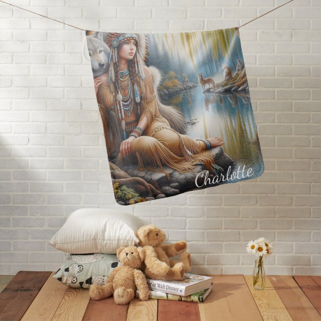 A serene moment by the river with a wolf companion baby blanket (In Situ)