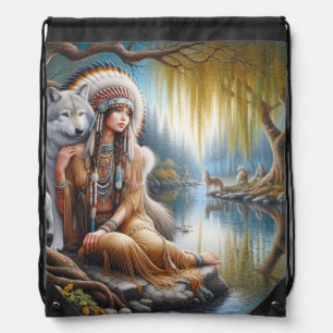A serene moment by the river with a wolf companion drawstring bag