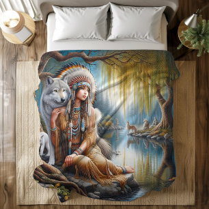 A serene moment by the river with a wolf companion duvet cover