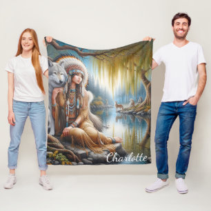A serene moment by the river with a wolf companion fleece blanket