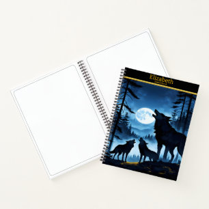 A serene night with wolves howling at the moon notebook